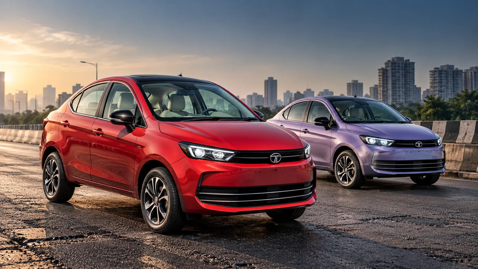Red and purple Tata-branded sedans on a worn city road at sunset.